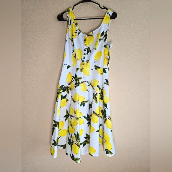 Belle Poque Retro Vintage Fit & Flare Lemon Print Dress Size L - Picture 2 of 12